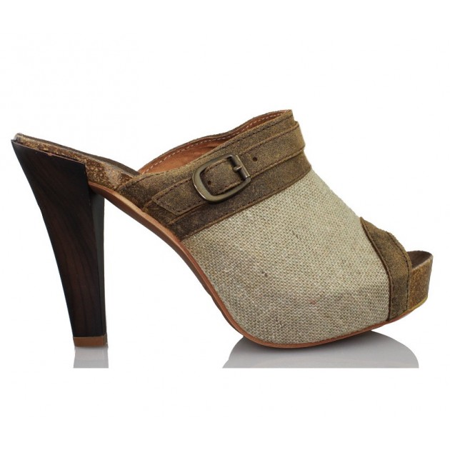 VIENTY ZUECO BIO HEBILLA NATURAL LINO MARRON